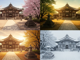 Same temple courtyard in different seasons showing seasonal contrast.