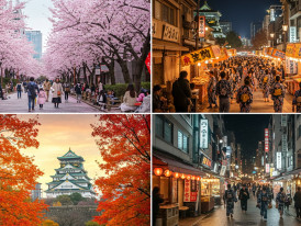 Seasonal collage of Osaka—cherry blossoms, summer festival, autumn leaves, and winter street food.