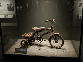 A charred tricycle on display hiroshima museum exhibit