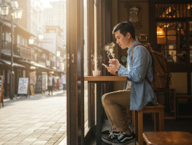 Traveler checking phone while sipping coffee