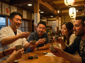  Inside a cozy standing bar with a host sharing sake insights with travelers over traditional ceramic cups.