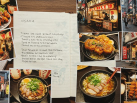 A handwritten note in a travel journal next to photos of various Osaka dishes and experiences.