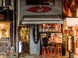 Hidden door opening to reveal cozy bar interior