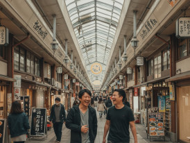 Guest and host laughing while walking through a covered shopping arcade. 