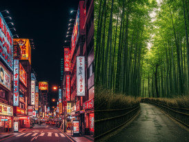 Split composition showing Dotonbori's vibrant neon lights contrasted with Kyoto's serene bamboo grove.