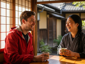 Traveler laughing warmly with local host over traditional coffee in a quiet Kyoto neighborhood
