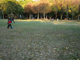 Small neighborhood park with local residents exercising in the early morning. small neighborhood park with local residents exercising in the early morning osaka