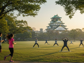 Early morning joggers and locals exercising in Osaka Castle Park with the castle visible in the distance
