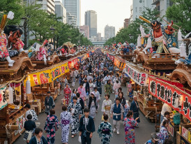 Colorful summer festival in Osaka with traditional floats, people in yukata, and festival food stalls