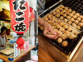 Vendor preparing takoyaki balls, showing the octopus pieces being added to the batter