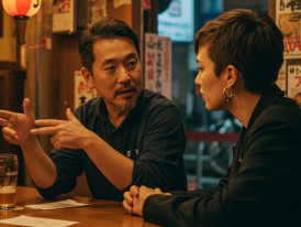 Host and guest having animated conversation while deciding directions