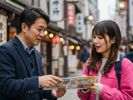 Host checking in with guest during exploration, both looking engaged.