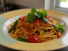 Fusion dish combining Italian pasta with Japanese dashi-based sauce and local ingredients