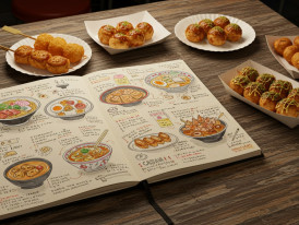 Hand-written food journal with sketches and notes about various dishes, lying next to some Osaka street food