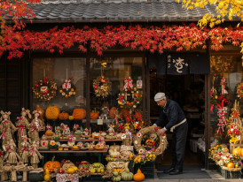 A small local shop front decorated with autumn leaves and displaying seasonal goods, with an elderly shopkeeper arranging items outside