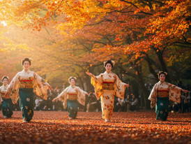 traditional dancers performing outdoors with autumn leaves falling around them, capturing the integration of cultural expression and seasonal beauty osaka