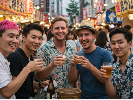 Group of friends sharing drinks at outdoor festival osaka