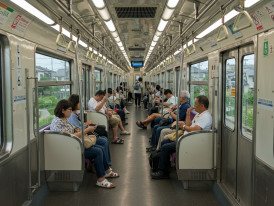 Modern air-conditioned train car on the Keihan Electric Railway with passengers escaping summer heat.