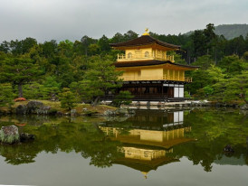 Morning mist rising from pond surrounding Kinkaku-ji Temple with golden pavilion reflected in still water.