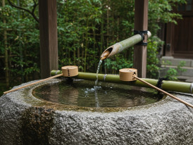 Traditional stone water basin with bamboo ladle at shrine entrance, clear water trickling from bamboo spout.
