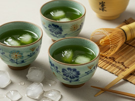 Traditional ceramic cups filled with cold-brewed green tea beside ice cubes and bamboo cooling implements.