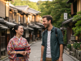 A casual local guide and traveler having an animated conversation while walking through a quiet Kyoto street, both laughing naturally, no uniforms or signs, authentic friendly interaction. 