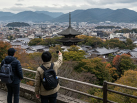 A guide and visitor standing at a scenic overlook of Kyoto city with temples and traditional rooftops spread below, both looking out at the view with a sense of anticipation and discovery