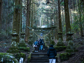 A small group of travelers walking with a local guide along a tree-lined path near a historic Kyoto temple Photo by Kouji Tsuru on Unsplash