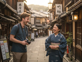  A candid moment of a traveler and guide laughing together on a narrow Kyoto street lined with a mix of modern cafes and old wooden buildings.