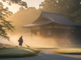 Morning mist rising from a temple garden with a lone monk sweeping.