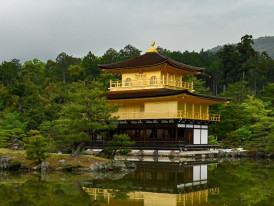 Autumn leaves framing the Golden Pavilion (Kinkaku-ji) in late afternoon light.