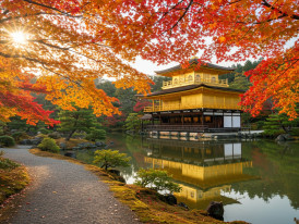 Path leading to Kinkaku-ji lined with autumn colors.