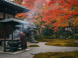 Traditional incense burning with autumn temple garden