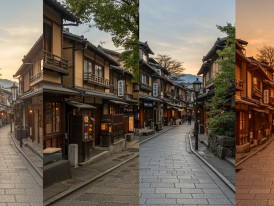 A time-lapse style photo showing the same Kyoto street at different times throughout the day.