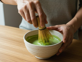 Hands whisking matcha tea in a ceramic bowl with focused concentration