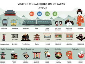 A breakdown chart showing typical costs for temples, transportation, meals, and activities in Kyoto