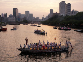 Traditional festival boats on the river during Tenjin Matsuri. Photo by 663highland via Wikicommons