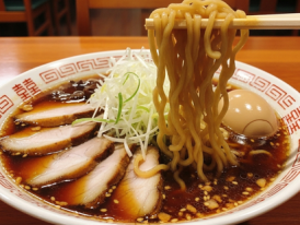 Steaming bowl of Takaida-style ramen with rich dark broth.