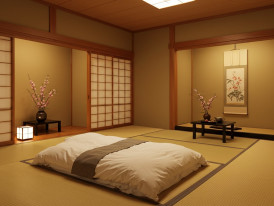 Traditional Japanese ryokan room with tatami mats and futon
