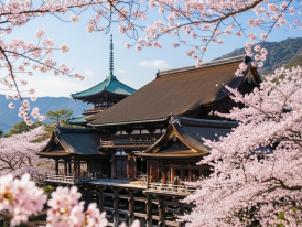 Spring cherry blossoms surround Kyoto’s Kiyomizu-dera temple with its historic wooden stage