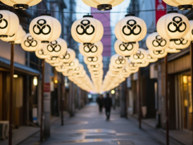 A peaceful Miyagawacho street lit by lanterns with wooden buildings on either side