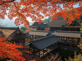 Red maple leaves blanket temple rooftops linked by covered walkways