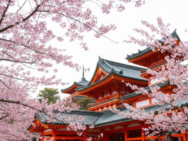 Pink cherry blossoms arch over bright orange shrine structures and open courtyard