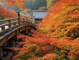 View from above showing vibrant red and golden maple leaves surrounding temple grounds