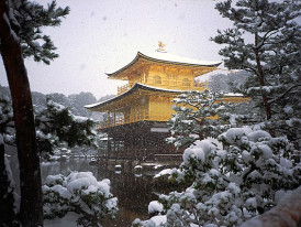 Snow blanketing gardens and pond around a gold-covered pavilion creating a serene winter scene