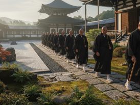 Group of monks crossing a wide stone courtyard surrounded by historic wooden buildings