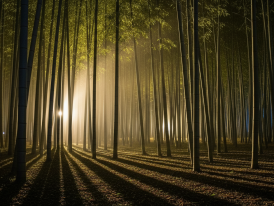 Soft spotlights cast shifting patterns of light and shadow through tall bamboo stalks at night