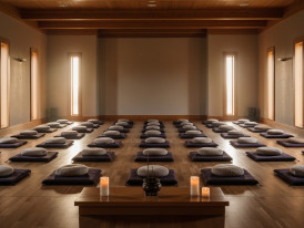 Neatly arranged rows of cushions in a serene hall prepared for early morning meditation