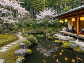 Outdoor seating surrounded by manicured greenery at a traditional Kyoto restaurant near the bamboo grove