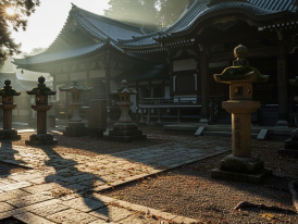 Golden sunrise casting long shadows across stone paving in a quiet temple courtyard